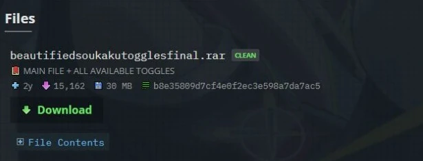 GameBanana Download: botón verde Download y lista File Contents